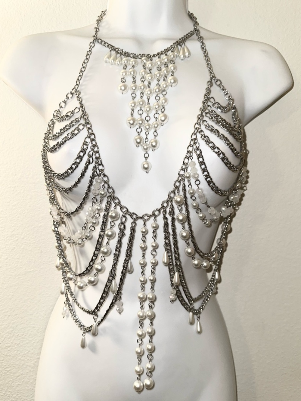 Faux Pearl Body Chain Harness Silver Tone Gothic Coquette Festival Statement